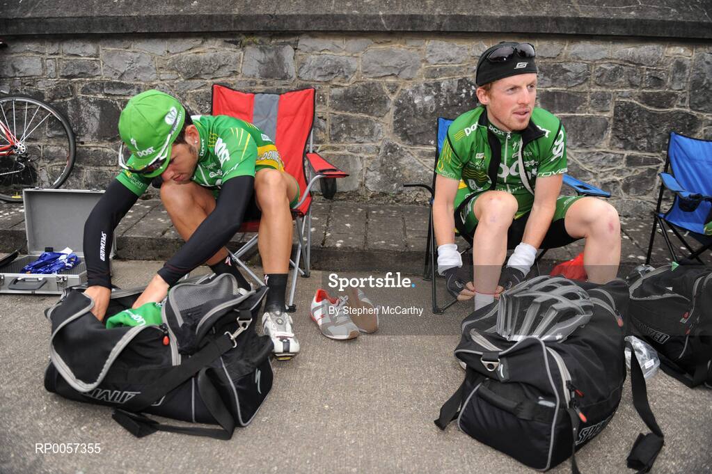 30 August 2008; Mark Cassidy, left, and Paidi O'Brien, of the An Post sponsored Sean Kelly team, ahead of the race. 2008 Tour of Ireland - Stage 4, Limerick - Dingle. Picture credit: Stephen McCarthy / SPORTSFILE  *** Local Caption ***
