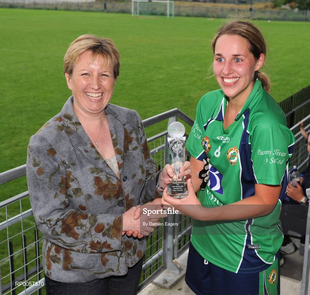 30 August 2008; Geraldine Giles, President of Ladies Football, presents the player of the match award to London's Natalie O'Connor. TG4 All-Ireland Ladies Junior Football Championship Semi-Final, London v Wicklow, St. Peregrine's, Blakestown Rd, Dublin. Picture credit: Damien Eagers / SPORTSFILE