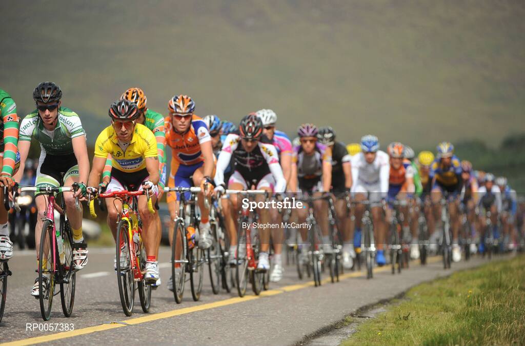31 August 2008; A general view of the peleton, including race leader Russell Downing, Pinarello CandiTV, yellow jersey, and Roger Aiken, Irish National Team, left, on the approach to the summit of the Crohane climb. 2008 Tour of Ireland - Stage 5, Killarney - Cork. Picture credit: Stephen McCarthy / SPORTSFILE