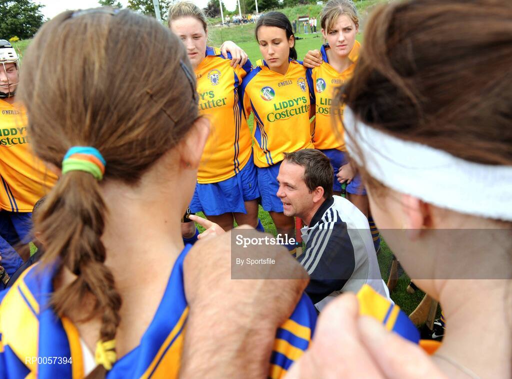 31 August 2008; Waterford senior hurling manager and trainer of Clare camogie team Davy Fitzgerald with his team before the start of the game. All-Ireland Minor A Championship Final, Clare v Kilkenny, Geraldine Park, Athy, Co. Kildare. Photo by Sportsfile
