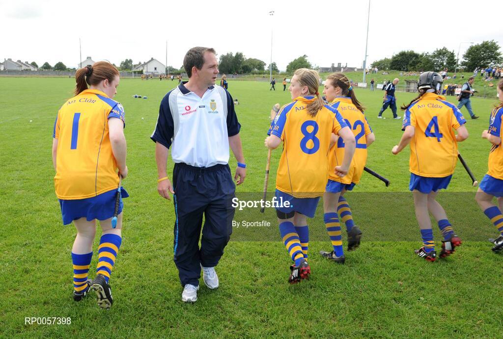 31 August 2008; Waterford senior hurling manager and trainer of Clare camogie team Davy Fitzgerald with his team before the start of the game. All-Ireland Minor A Championship Final, Clare v Kilkenny, Geraldine Park, Athy, Co. Kildare. Photo by Sportsfile