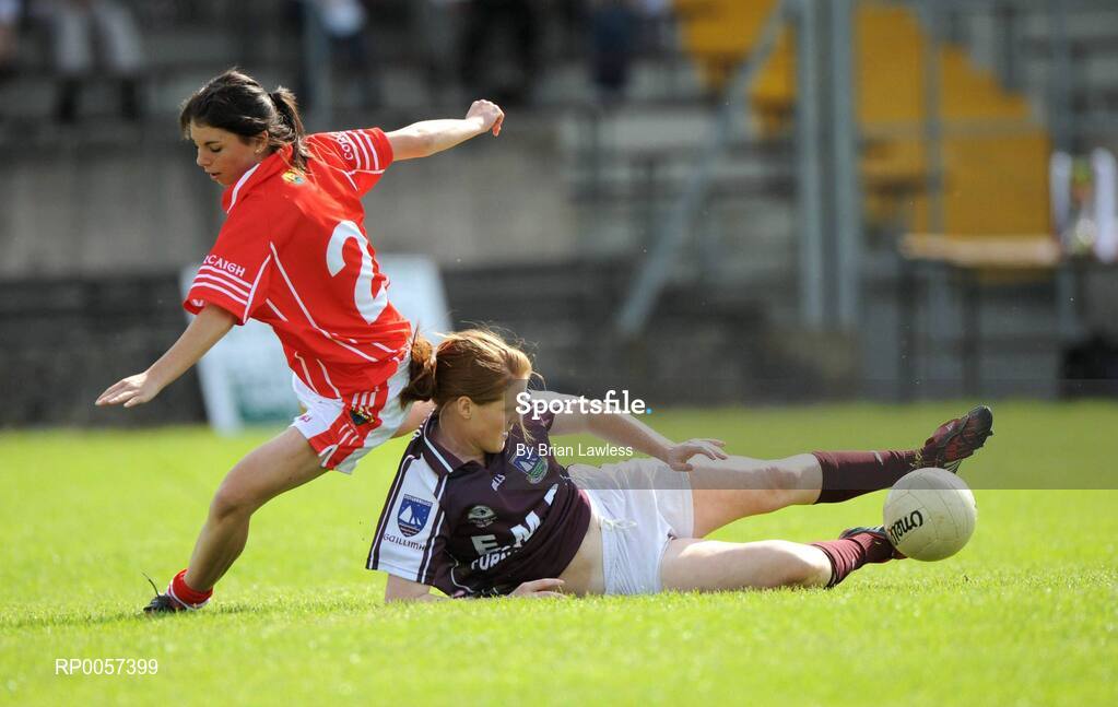 31 August 2008; Lisa Leonard, Galway, in action against Laura O'Sullivan, Cork. All-Ireland Ladies U16 A Football Championship Final, Cork v Galway, McDonagh Park, Nenagh, Co. Tipperary. Picture credit: Brian Lawless / SPORTSFILE