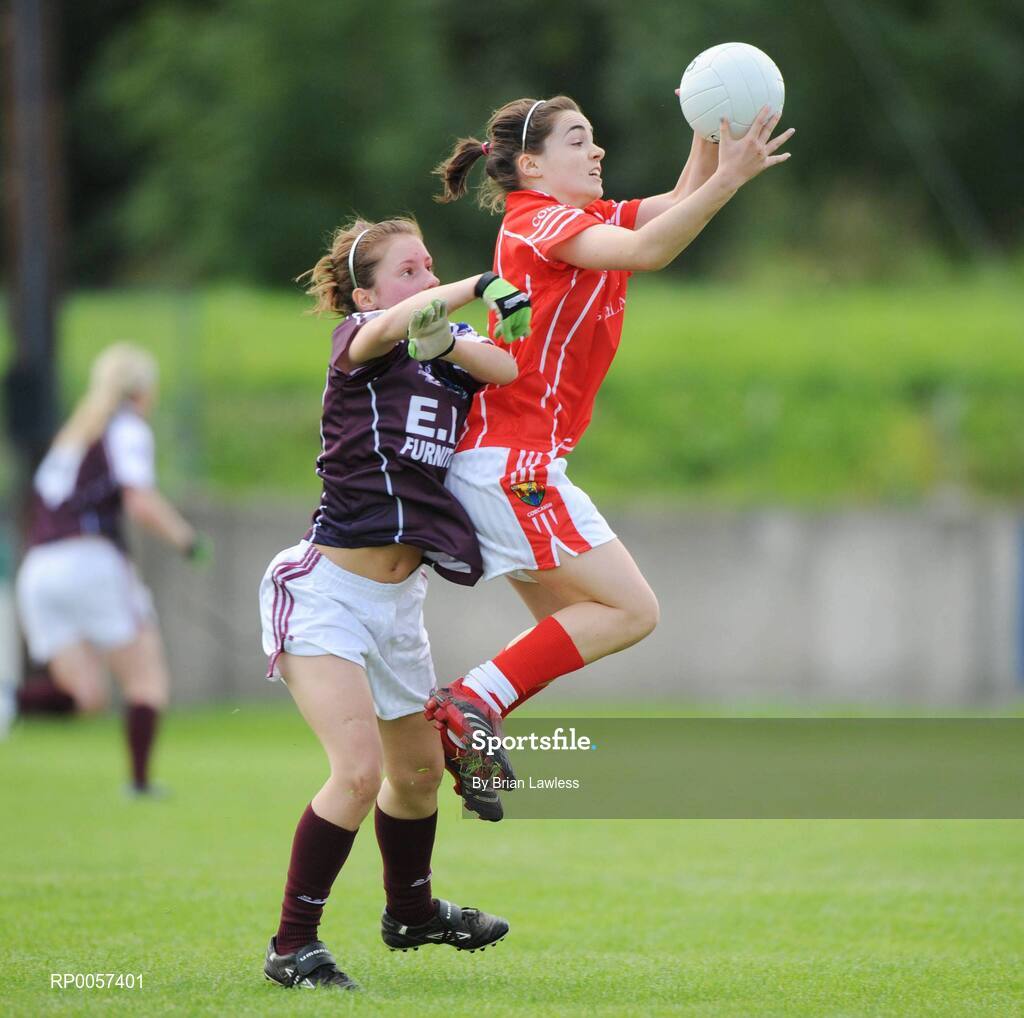 31 August 2008; Jessica O'Shea, Cork, in action against Maria Connell, Galway. All-Ireland Ladies U16 A Football Championship Final, Cork v Galway, McDonagh Park, Nenagh, Co. Tipperary. Picture credit: Brian Lawless / SPORTSFILE