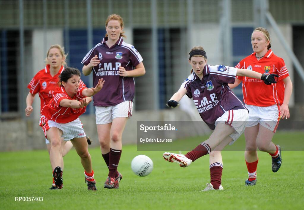 31 August 2008; Nicola Kilgarriff, Galway, shoots to score her side's second goal despite the attentions of Cork's Laura O'Sullivan. All-Ireland Ladies U16 A Football Championship Final, Cork v Galway, McDonagh Park, Nenagh, Co. Tipperary. Picture credit: Brian Lawless / SPORTSFILE
