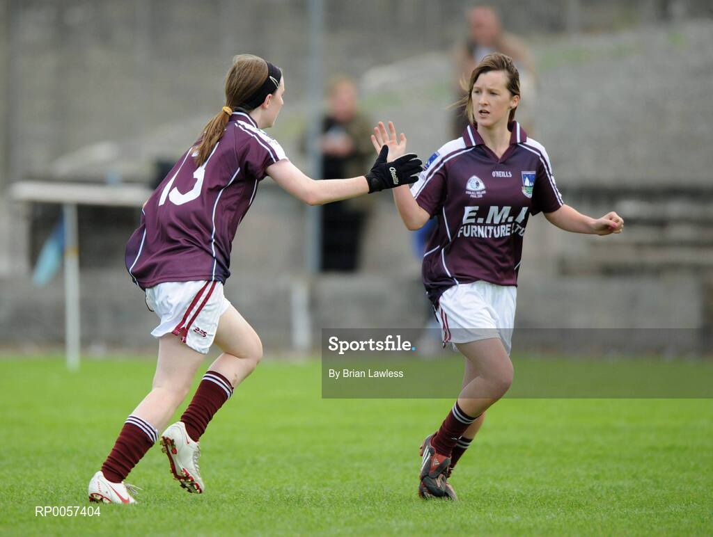 31 August 2008; Nicola Kilgarriff, Galway, left, celebrates with team-mate Eilis Gannon after scoring her side's second goal. All-Ireland Ladies U16 A Football Championship Final, Cork v Galway, McDonagh Park, Nenagh, Co. Tipperary. Picture credit: Brian Lawless / SPORTSFILE