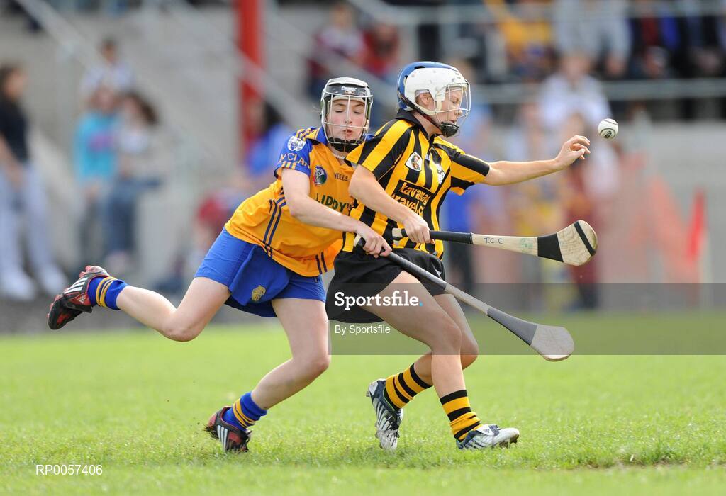 31 August 2008; Michelle Farrell, Kilkenny, in action against Carol O'Leary, Clare. All-Ireland Minor A Championship Final, Clare v Kilkenny, Geraldine Park, Athy, Co. Kildare. Photo by Sportsfile