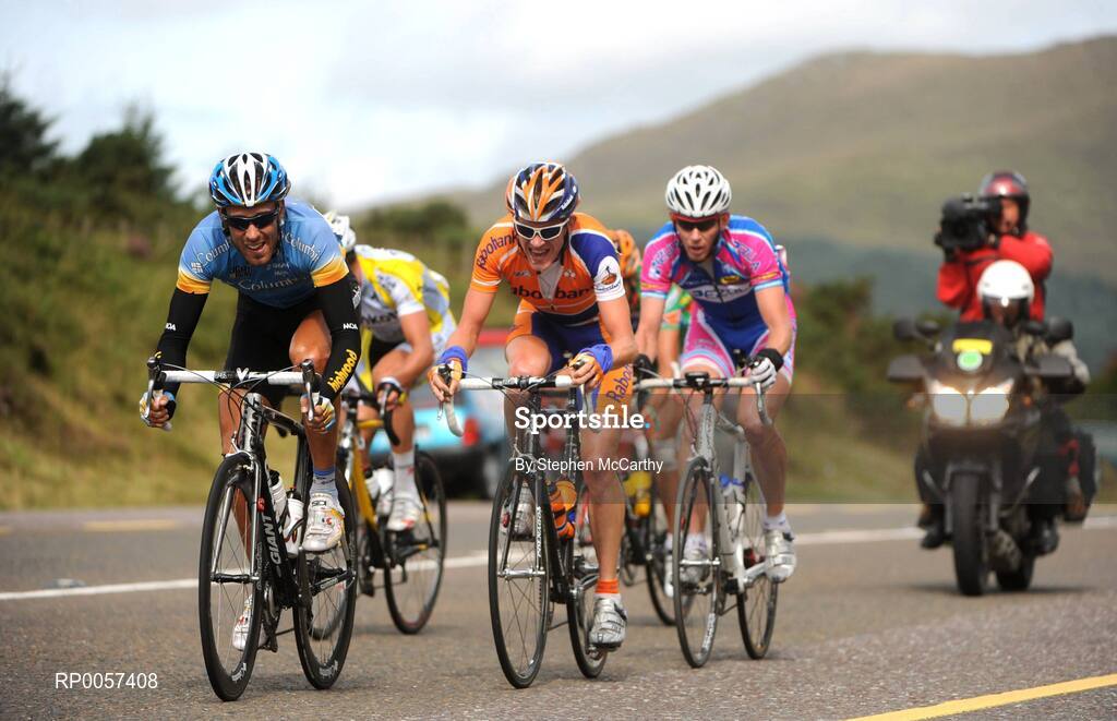 31 August 2008; Riders, from left, Frantisek Rabon, Team Columbia, Ilya Chemetskiy, Tinkoff Credit Systems, Thomas Rabou, Rabobank, Frederiek Nolf, Topsport Vlaanderen, and Fredrick Ericsson, Pezula, lead the race on the approach to the summit of the Crohane climb. 2008 Tour of Ireland - Stage 5, Killarney - Cork. Picture credit: Stephen McCarthy / SPORTSFILE  *** Local Caption *** 1, Thomas Rabou (Rabobank)  2, Frederiek Nolf (Topsport Vlaanderen)  3, Ilya Chemetskiy (Tinkoff Credit Systems)  4, Frantisek Rabon (Columbia)
