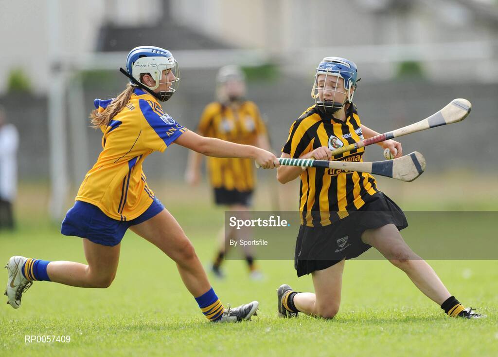 31 August 2008; Claire Phelan, Kilkenny, in action against Aiveen O'Shea, Clare. All-Ireland Minor A Championship Final, Clare v Kilkenny, Geraldine Park, Athy, Co. Kildare. Photo by Sportsfile