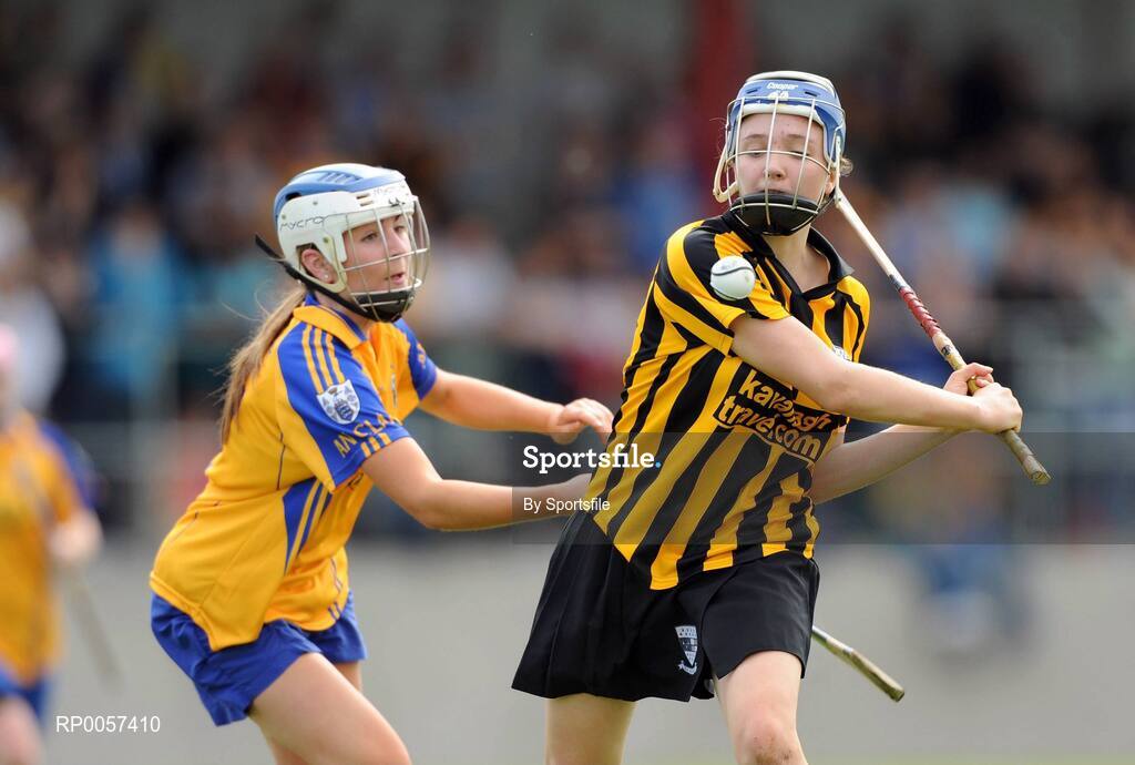 31 August 2008; Claire Phelan, Kilkenny, in action against Aiveen O'Shea, Clare. All-Ireland Minor A Championship Final, Clare v Kilkenny, Geraldine Park, Athy, Co. Kildare. Photo by Sportsfile