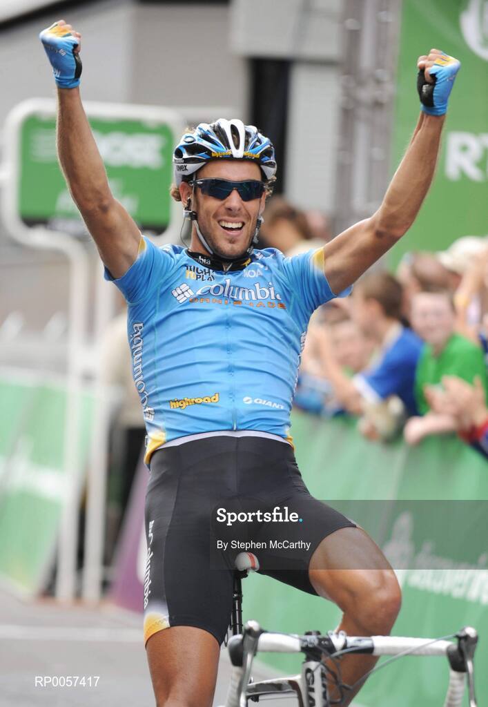 31 August 2008; Frantisek Rabon, Team Columbia, celebrates as he crosses the line to win the fourth stage in Cork. 2008 Tour of Ireland - Stage 5, Killarney - Cork. Picture credit: Stephen McCarthy / SPORTSFILE