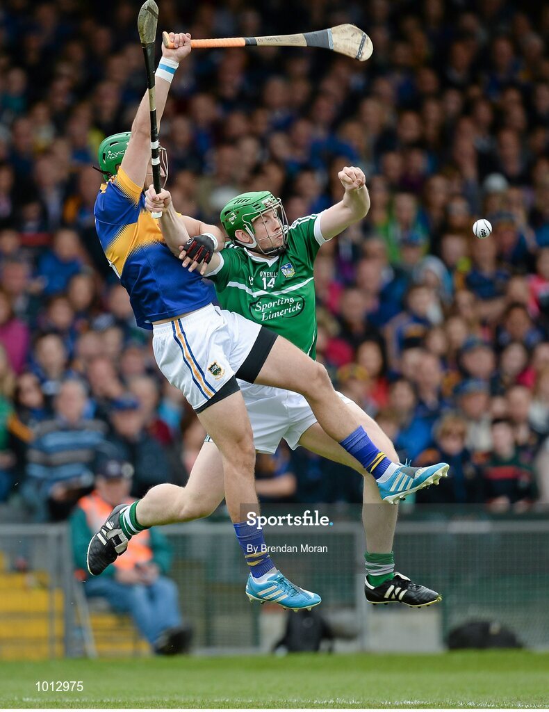 21 June 2015; James Barry, Tipperary, in action against Shane Dowling, Limerick. Munster GAA Hurling Senior Championship, Semi-Final, Limerick v Tipperary, Gaelic Grounds, Limerick. Picture credit: Brendan Moran / SPORTSFILE