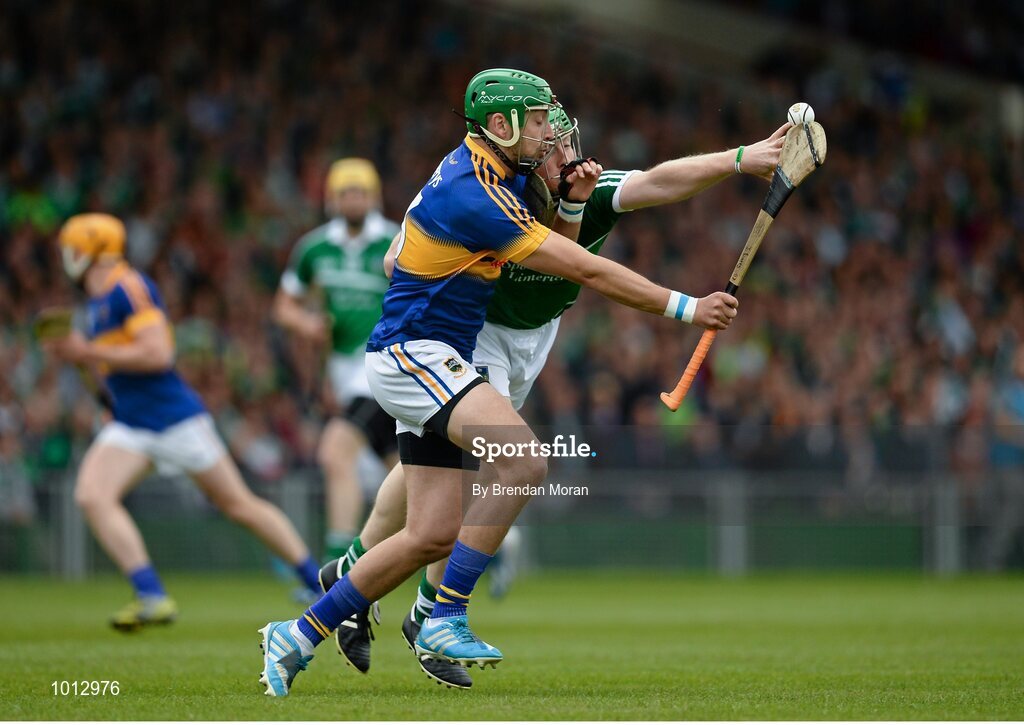21 June 2015; James Barry, Tipperary, in action against Shane Dowling, Limerick. Munster GAA Hurling Senior Championship, Semi-Final, Limerick v Tipperary, Gaelic Grounds, Limerick. Picture credit: Brendan Moran / SPORTSFILE