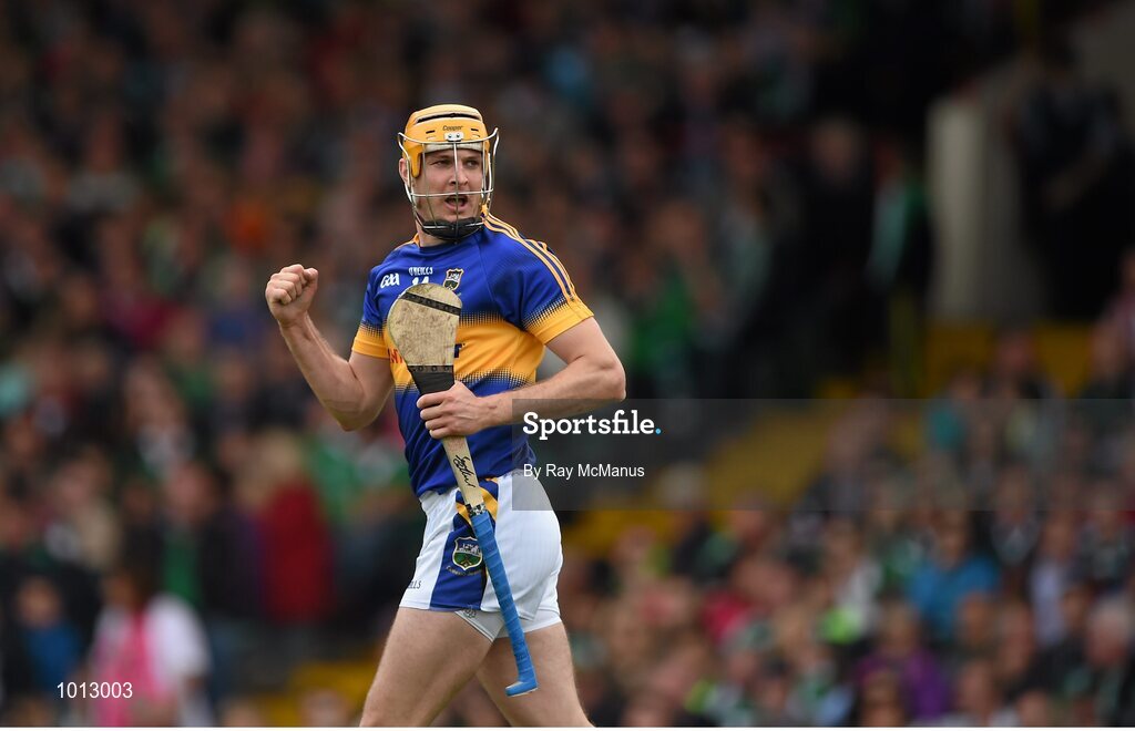 21 June 2015; Seamus Callanan celebrates scoring the second Tipperary goal in the 22nd minute. Munster GAA Hurling Senior Championship, Semi-Final, Limerick v Tipperary, Gaelic Grounds, Limerick. Picture credit: Ray McManus / SPORTSFILE