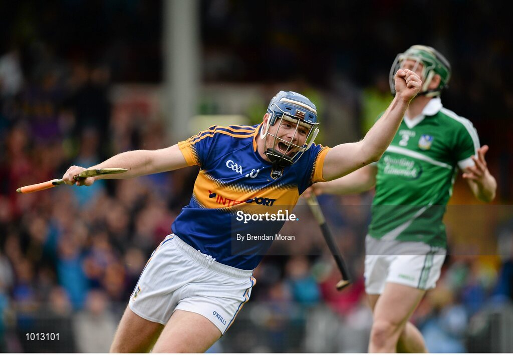 21 June 2015; Jason Forde, Tipperary, celebrates after scoring his side's third goal of the game. Munster GAA Hurling Senior Championship, Semi-Final, Limerick v Tipperary, Gaelic Grounds, Limerick. Picture credit: Brendan Moran / SPORTSFILE