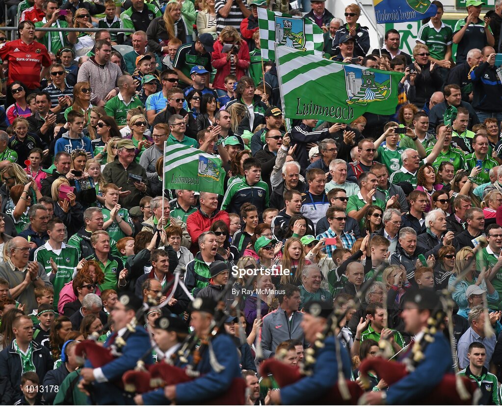 21 June 2015; Limerick supporters cheer on their team during the pre match parade. Munster GAA Hurling Senior Championship, Semi-Final, Limerick v Tipperary, Gaelic Grounds, Limerick. Picture credit: Ray McManus / SPORTSFILE