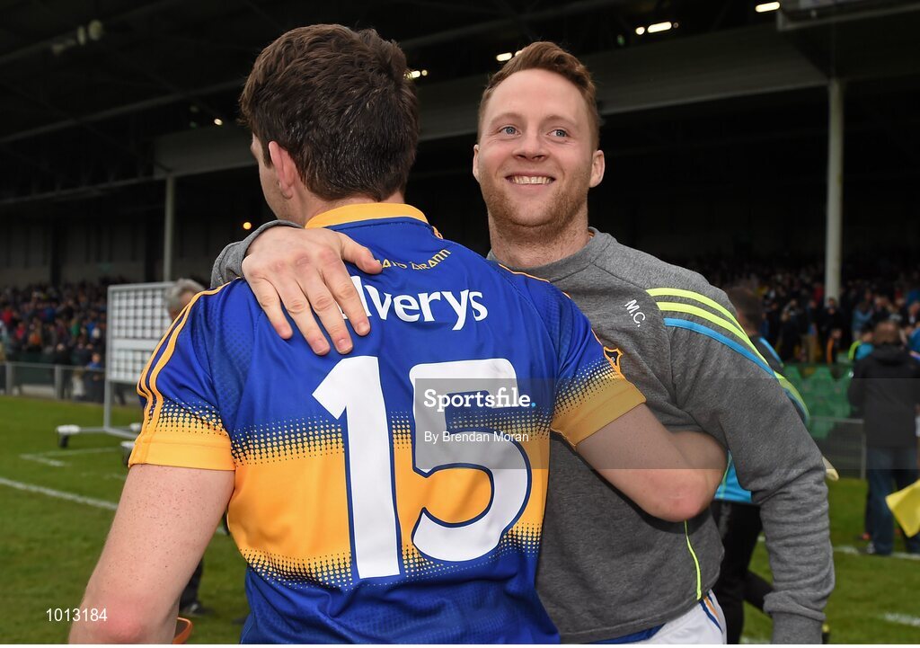 21 June 2015; Tipperary's Niall O'Meara, 15, and Paddy Stapleton celebrate after the game. Munster GAA Hurling Senior Championship, Semi-Final, Limerick v Tipperary, Gaelic Grounds, Limerick. Picture credit: Brendan Moran / SPORTSFILE