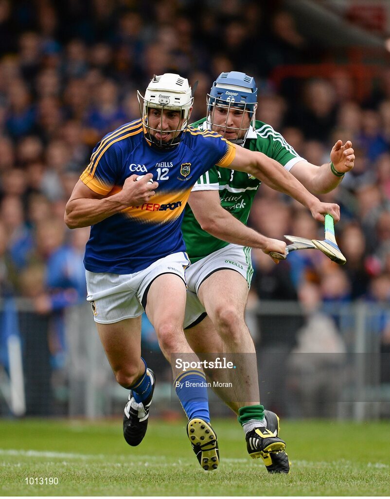 21 June 2015; Patrick Maher, Tipperary, in action against Richie McCarthy, Limerick. Munster GAA Hurling Senior Championship, Semi-Final, Limerick v Tipperary, Gaelic Grounds, Limerick. Picture credit: Brendan Moran / SPORTSFILE