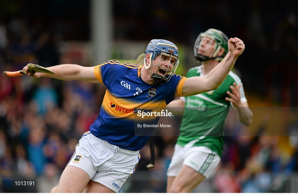21 June 2015; Jason Forde, Tipperary, celebrates after scoring his side's third goal of the game. Munster GAA Hurling Senior Championship, Semi-Final, Limerick v Tipperary, Gaelic Grounds, Limerick. Picture credit: Brendan Moran / SPORTSFILE