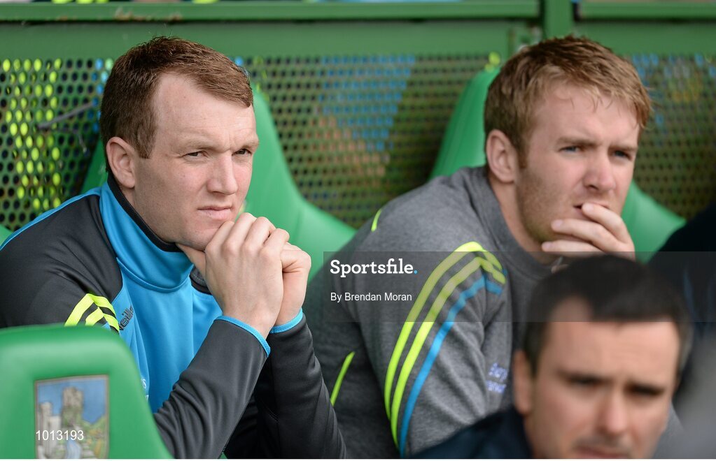 21 June 2015; Tipperary's Lar Corbett, left, and Noel McGrath watch from the substitutes bench. Munster GAA Hurling Senior Championship, Semi-Final, Limerick v Tipperary, Gaelic Grounds, Limerick. Picture credit: Brendan Moran / SPORTSFILE