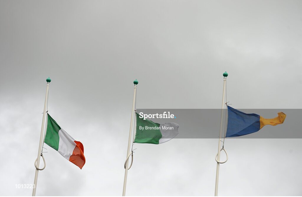 21 June 2015; Flags fly at half-mast during a munite silence in memory of the those who died and were injured in the 'Berkeley' tragedy. Munster GAA Hurling Senior Championship, Semi-Final, Limerick v Tipperary, Gaelic Grounds, Limerick. Picture credit: Brendan Moran / SPORTSFILE