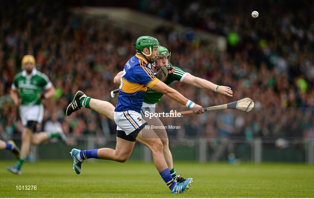 21 June 2015; Shane Dowling, Limerick, in action against James Barry, Tipperary. Munster GAA Hurling Senior Championship, Semi-Final, Limerick v Tipperary, Gaelic Grounds, Limerick. Picture credit: Brendan Moran / SPORTSFILE