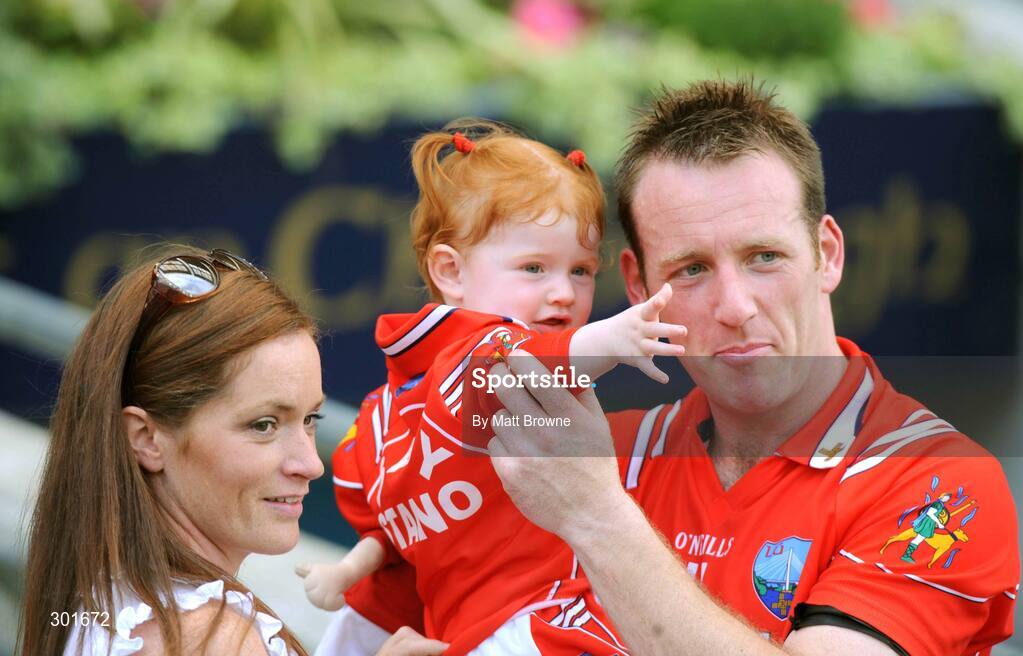8 June 2008; Louth player Mark Stanfield with his daughter, 18 mounth old, Annie and wife Rosaleen. GAA Football Leinster Senior Championship Quarter-Final, Louth v Dublin, Croke Park, Dublin. Picture credit: Matt Browne / SPORTSFILE