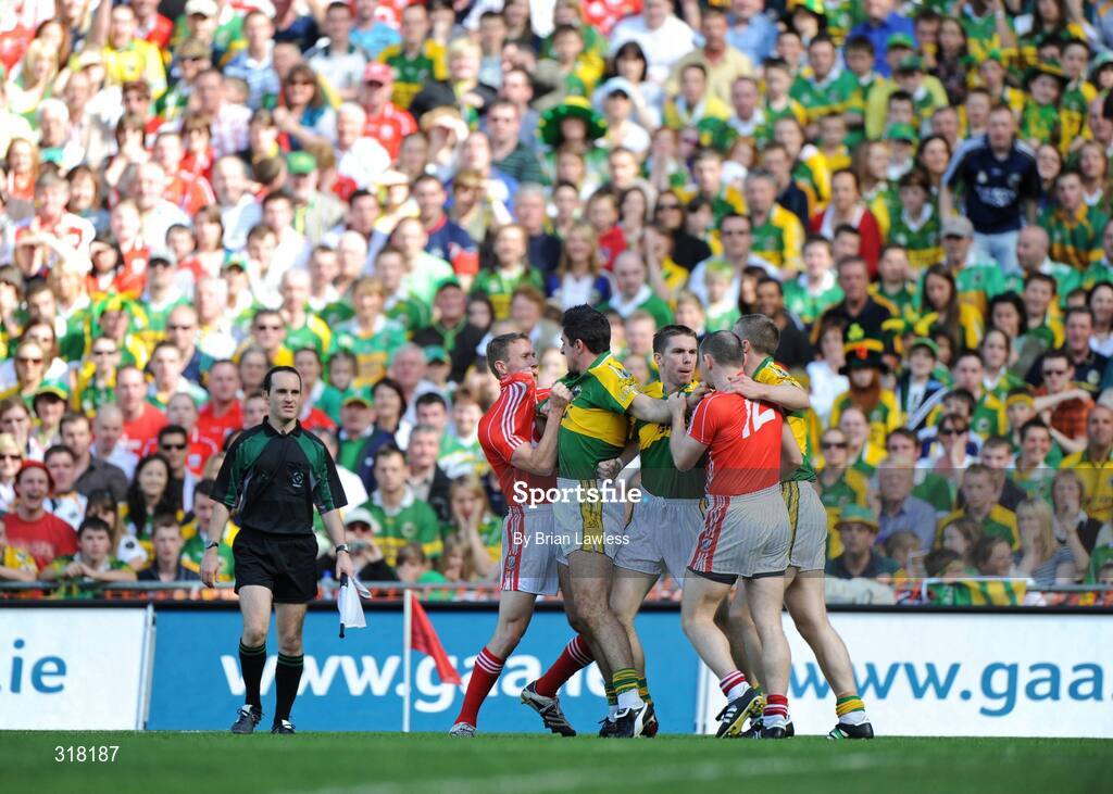 24 August 2008; Cork and Kerry players tussle during the match. GAA Football All-Ireland Senior Championship Semi-Final, Kerry v Cork, Croke Park, Dublin. Picture credit: Brian Lawless / SPORTSFILE
