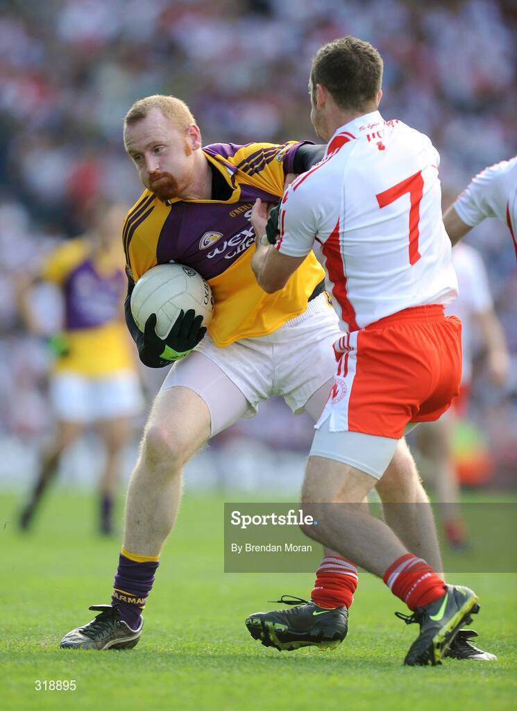 31 August 2008; Brendan Doyle, Wexford, in action against Philip Jordan, Tyrone. GAA Football All-Ireland Senior Championship Semi-Final, Tyrone v Wexford, Croke Park, Dublin. Picture credit: Brendan Moran / SPORTSFILE