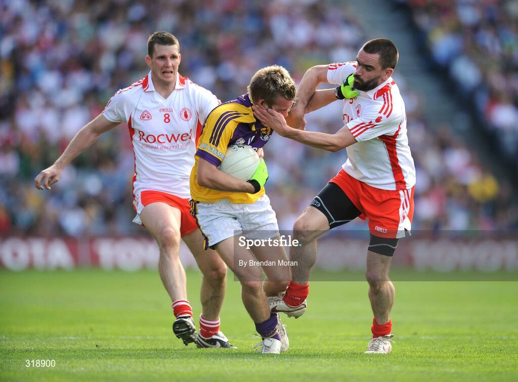 31 August 2008; PJ Banville, Wexford, in action against Colin Holmes, left, and Ryan McManamin, Tyrone. GAA Football All-Ireland Senior Championship Semi-Final, Tyrone v Wexford, Croke Park, Dublin. Picture credit: Brendan Moran / SPORTSFILE
