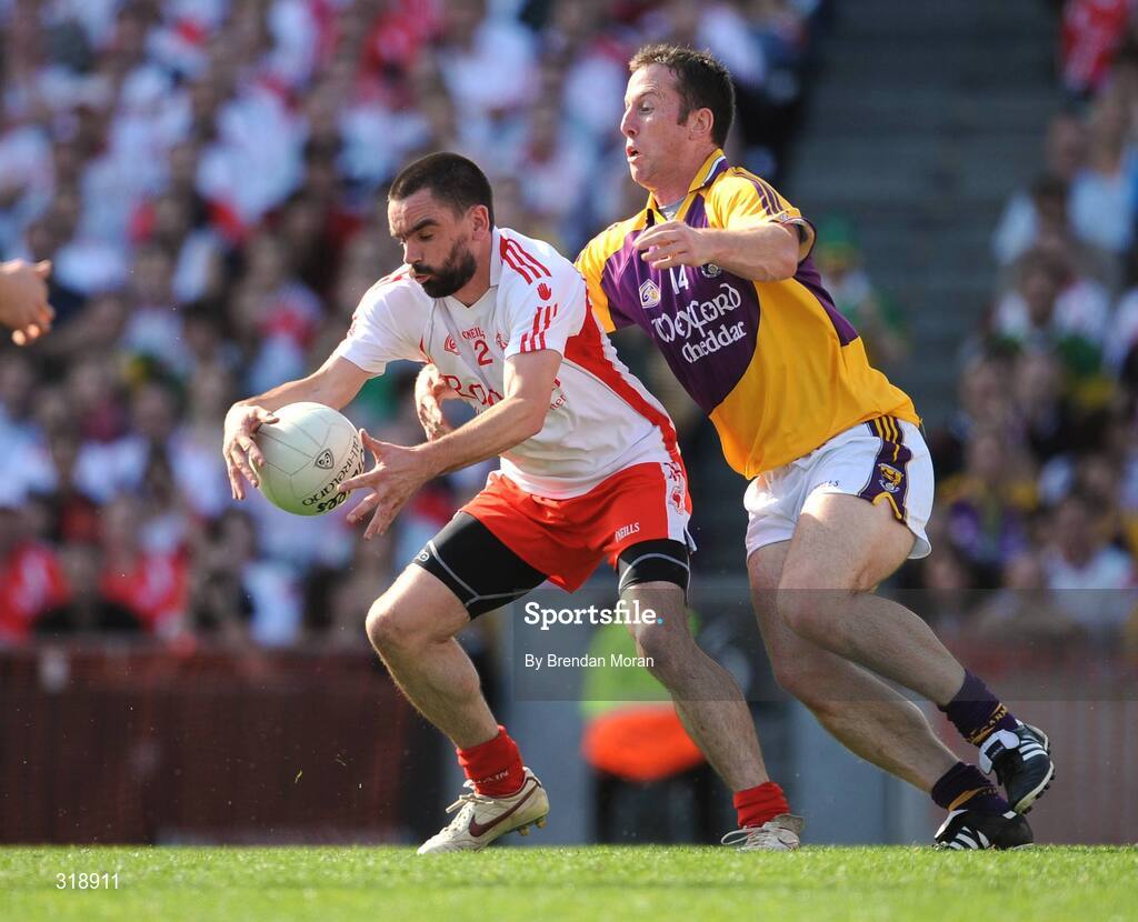 31 August 2008; Ryan McMenamin, Tyrone, in action against Paddy Colfer, Wexford. GAA Football All-Ireland Senior Championship Semi-Final, Tyrone v Wexford, Croke Park, Dublin. Picture credit: Brendan Moran / SPORTSFILE
