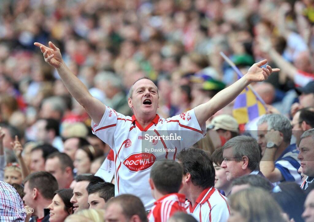 31 August 2008; A Tyrone supporter celebrates during the closing stages of the game. GAA Football All-Ireland Senior Championship Semi-Final, Tyrone v Wexford, Croke Park, Dublin. Picture credit: David Maher / SPORTSFILE