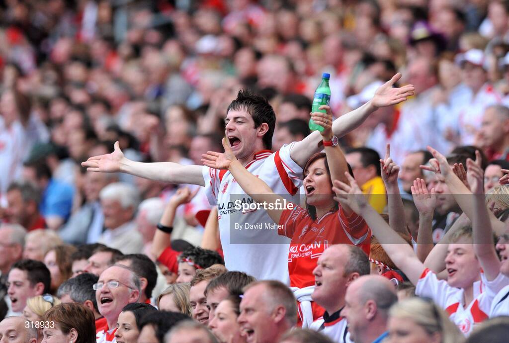 31 August 2008; Tyrone supporters celebrate during the closing stages of the game. GAA Football All-Ireland Senior Championship Semi-Final, Tyrone v Wexford, Croke Park, Dublin. Picture credit: David Maher / SPORTSFILE