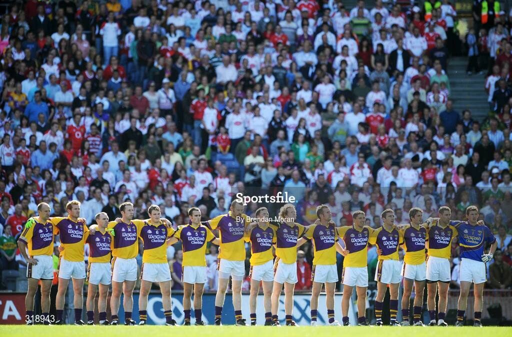 31 August 2008; The Wexford team stand together for the national anthem before the game. GAA Football All-Ireland Senior Championship Semi-Final, Tyrone v Wexford, Croke Park, Dublin. Picture credit: Brendan Moran / SPORTSFILE