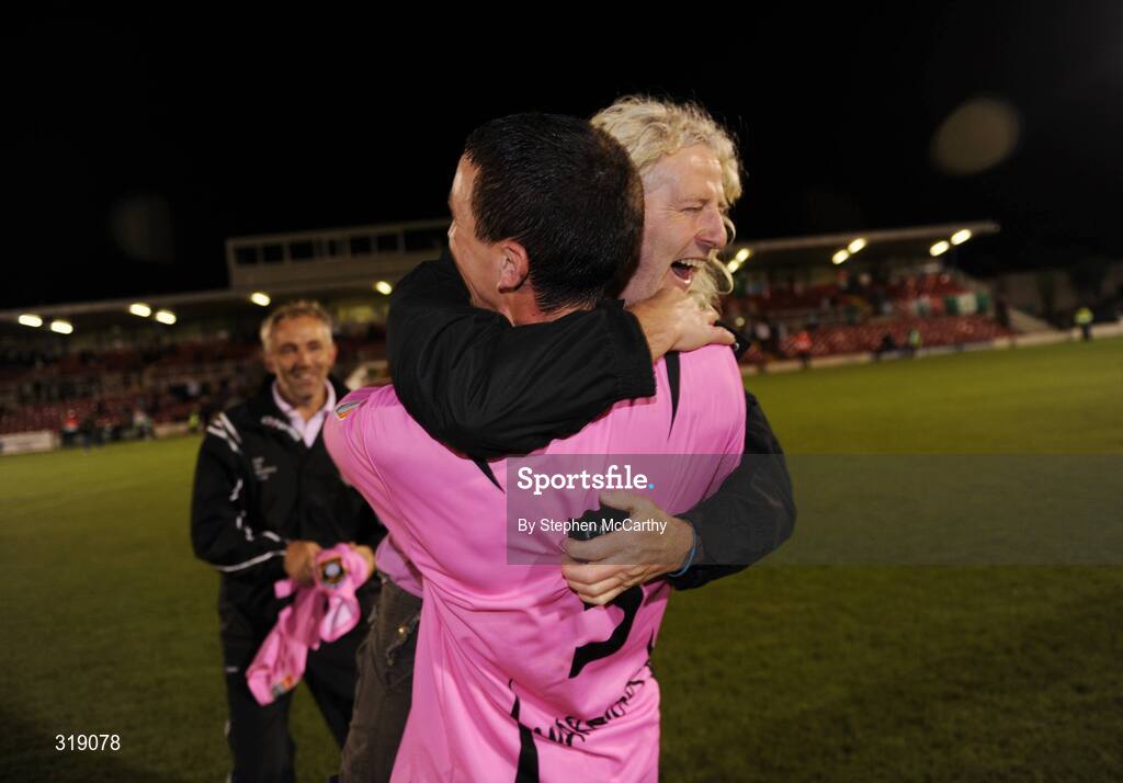 25 August 2008; Wexford Youths manager Mick Wallace is congratulated by John Flynn-O'Connor after their side's victory. eircom League of Ireland Cup Semi-Final, Cork City v Wexford Youths, Turners Cross, Cork. Picture credit: Stephen McCarthy / SPORTSFILE