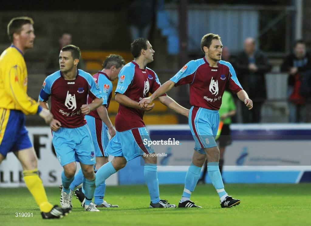 1 September 2008; Adam Hughes, right, Drogheda United, celebrates with team-mate Guy Bates, centre, after scoring his side's first goal. Setanta Sports Cup, Group One, Drogheda United v Dungannon Swifts, United Park, Drogheda, Co. Louth. Photo by Sportsfile