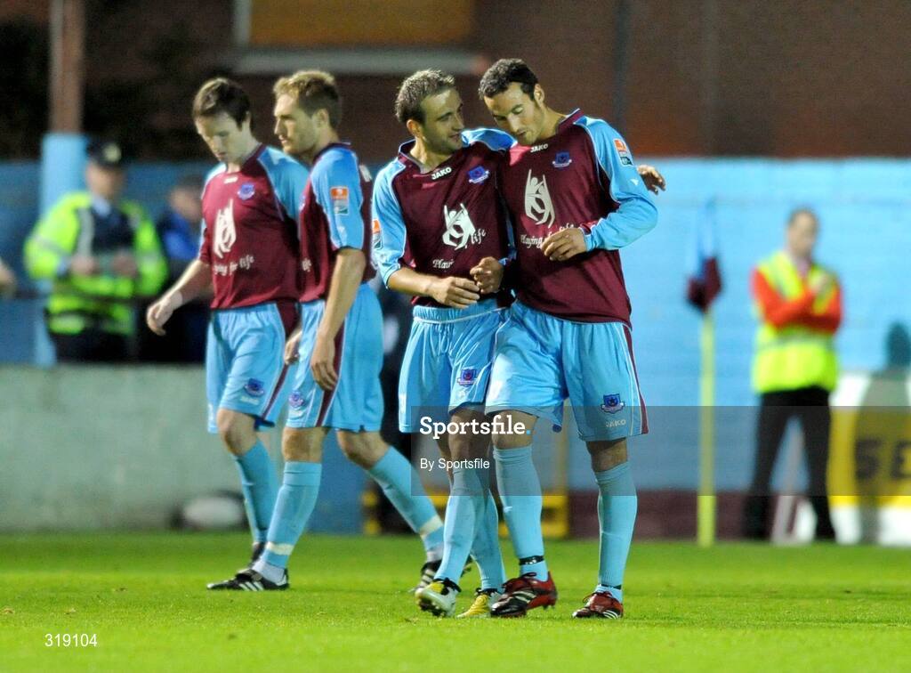 1 September 2008; Eamon Zayed, right, Drogheda United, is congratulated by team-mate Fahrudin Kuduzovic, after scoring his side's second goal. Setanta Sports Cup, Group One, Drogheda United v Dungannon Swifts, United Park, Drogheda, Co. Louth. Photo by Sportsfile