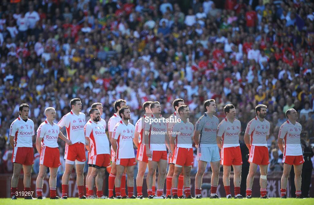 31 August 2008; The Tyrone team stand for the national anthem, Amhran na bhFiann, before the game. GAA Football All-Ireland Senior Championship Semi-Final, Tyrone v Wexford, Croke Park, Dublin. Picture credit: Brendan Moran / SPORTSFILE