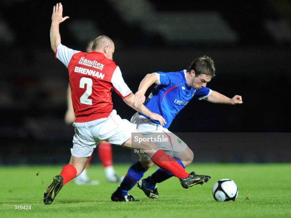 2 September 2008; Jamie Mulgrew, Linfield, in action against Stephen Brennan, St. Patrick's Athletic. Setanta Sports Cup, Group Two, Linfield v St. Patrick's Athletic, Windsor Park, Belfast, Co. Antrim. Photo by Sportsfile