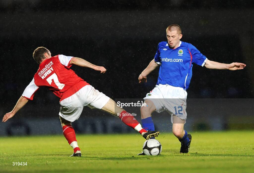 2 September 2008; Billy Joe Burns, Linfield, in action against Alan Kirby, St. Patrick's Athletic. Setanta Sports Cup, Group Two, Linfield v St. Patrick's Athletic, Windsor Park, Belfast, Co. Antrim. Photo by Sportsfile