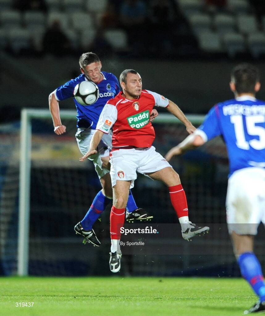2 September 2008; Mark Quigley, St. Patrick's Athletic, in action against Kris Lindsay, Linfield. Setanta Sports Cup, Group Two, Linfield v St. Patrick's Athletic, Windsor Park, Belfast, Co. Antrim. Photo by Sportsfile