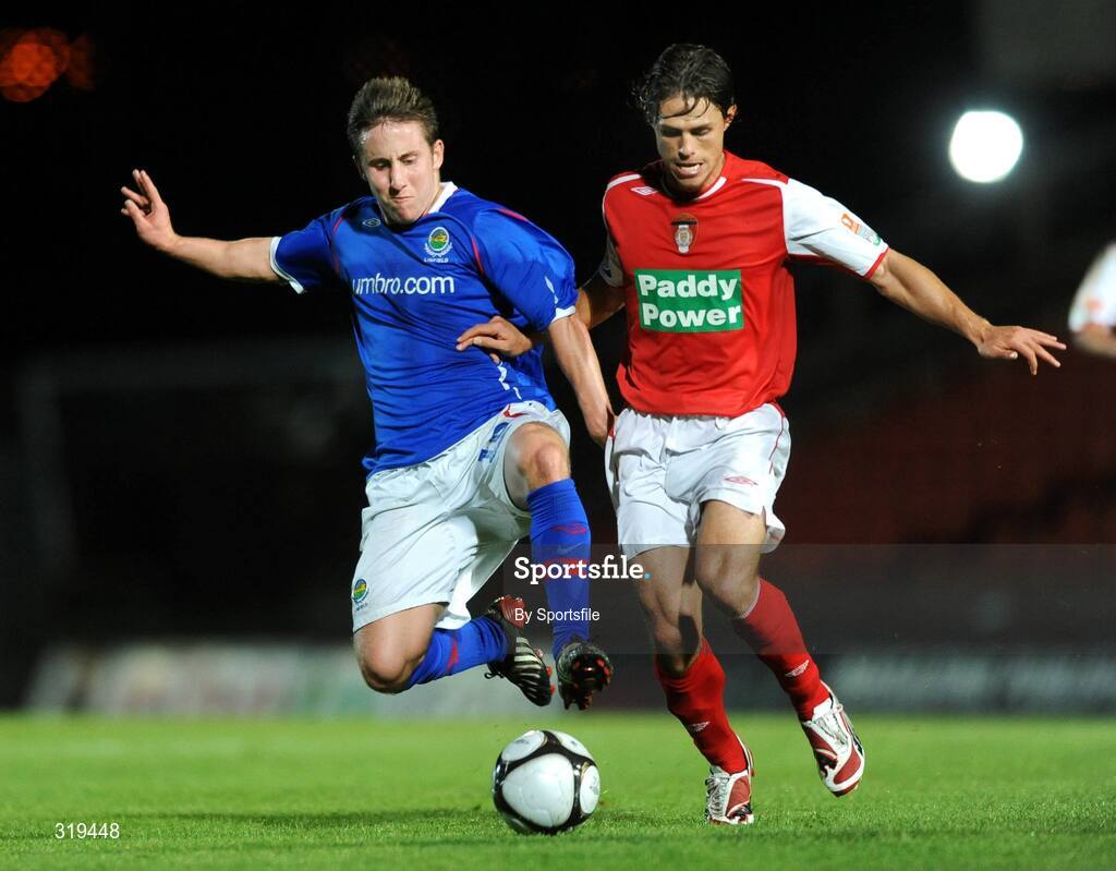 2 September 2008; Ryan Guy, St. Patrick's Athletic, in action against Michael Carvill, Linfield. Setanta Sports Cup, Group Two, Linfield v St. Patrick's Athletic, Windsor Park, Belfast, Co. Antrim. Photo by Sportsfile