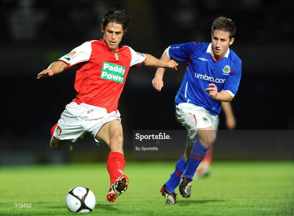 2 September 2008; Ryan Guy, St. Patrick's Athletic, in action against Michael Carvill, Linfield. Setanta Sports Cup, Group Two, Linfield v St. Patrick's Athletic, Windsor Park, Belfast, Co. Antrim. Photo by Sportsfile