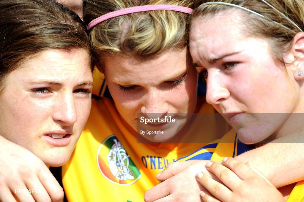 31 August 2008; Dejected Clare players Shonagh Enright, left, Stephanie Moloney and Aiveen O'shea, right, at the end of the game. All-Ireland Minor A Championship Final, Clare v Kilkenny, Geraldine Park, Athy, Co. Kildare. Photo by Sportsfile