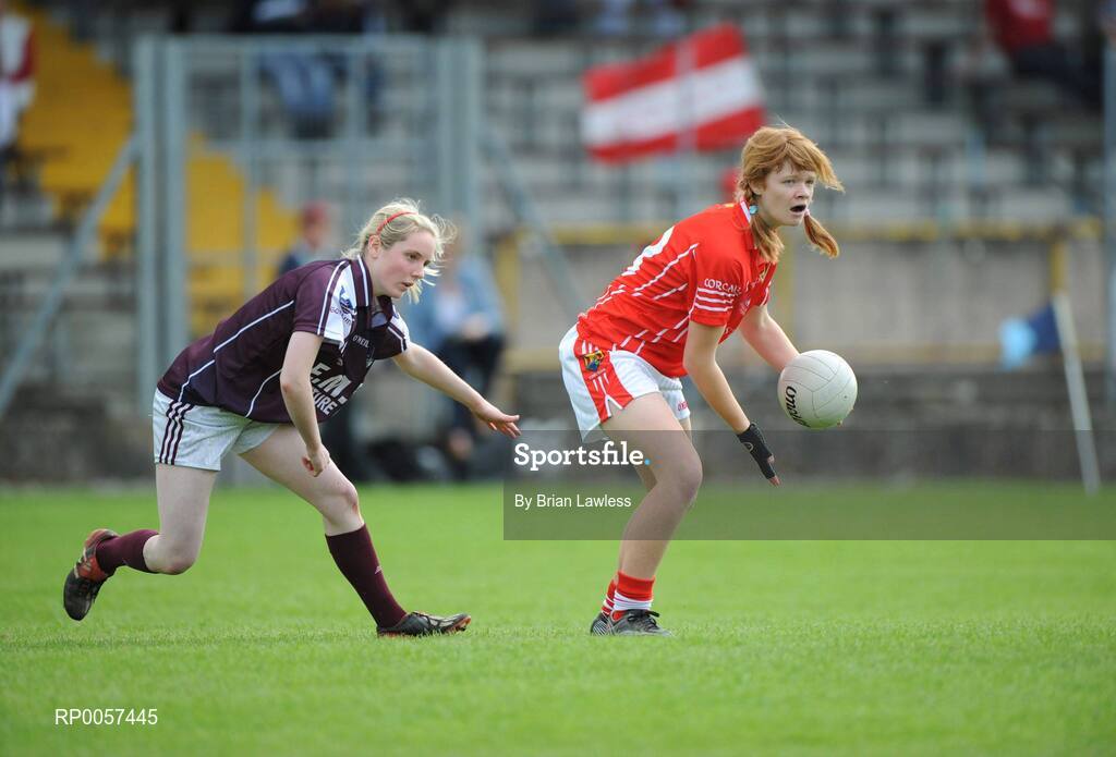 31 August 2008; Kate O'Brien, Cork, in action against Aishling Donnelly, Galway. All-Ireland Ladies U16 A Football Championship Final, Cork v Galway, McDonagh Park, Nenagh, Co. Tipperary. Picture credit: Brian Lawless / SPORTSFILE