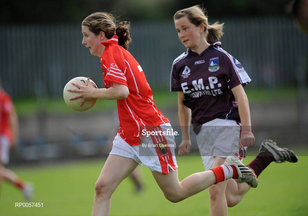 31 August 2008; Rosie Marie O'Mahony, Cork, in action against Tracey Leonard, Galway. All-Ireland Ladies U16 A Football Championship Final, Cork v Galway, McDonagh Park, Nenagh, Co. Tipperary. Picture credit: Brian Lawless / SPORTSFILE