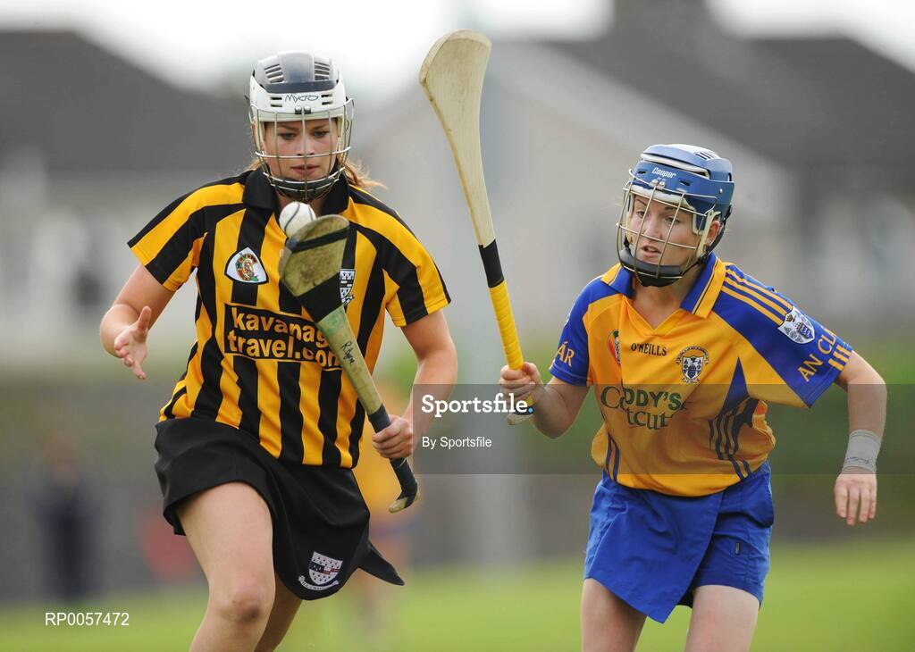 31 August 2008; Roisin Byrne, Kilkenny, in action against Carina Rosingrave, Clare. All-Ireland Minor A Championship Final, Clare v Kilkenny, Geraldine Park, Athy, Co. Kildare. Photo by Sportsfile
