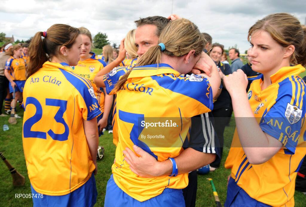 31 August 2008; Waterford senior hurling manager and trainer of Clare camogie team Davy Fitzgerald consoles Kate Lynch, Clare, at the end of the game. All-Ireland Minor A Championship Final, Clare v Kilkenny, Geraldine Park, Athy, Co. Kildare. Photo by Sportsfile