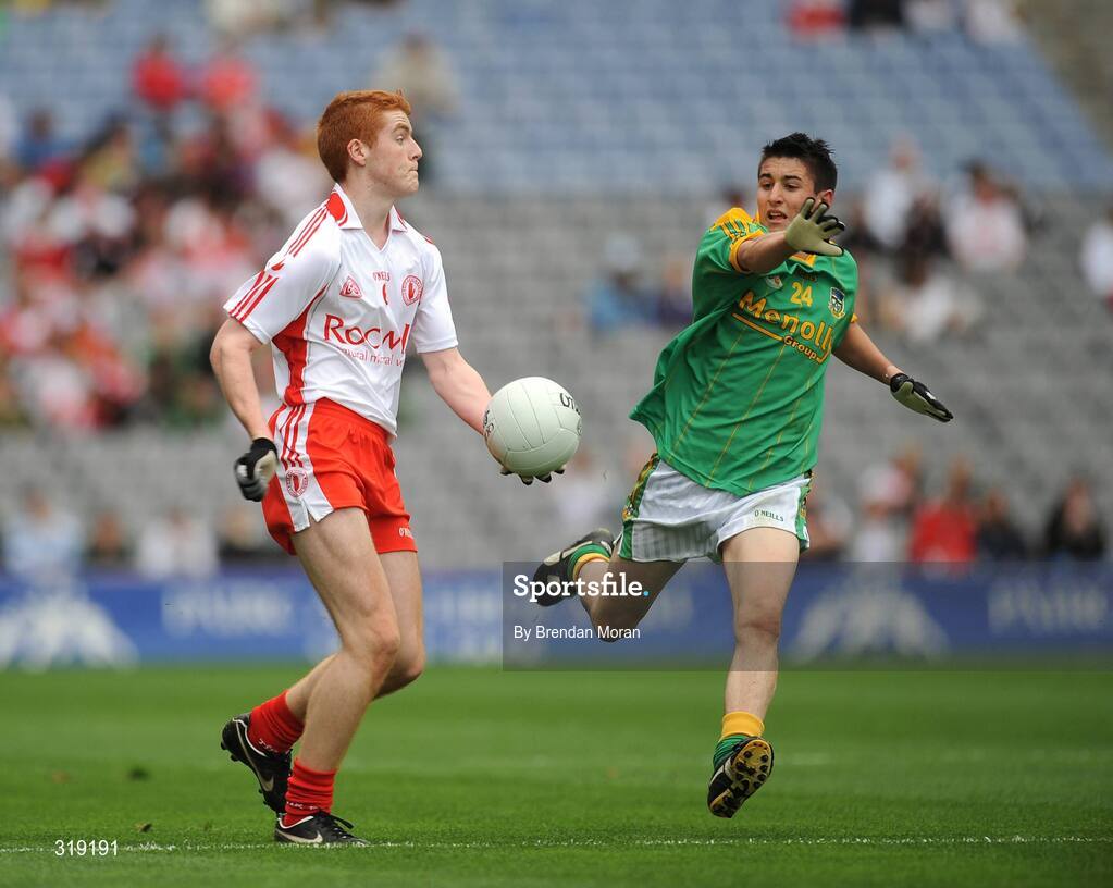 31 August 2008; Peter Harte, Tyrone, in action against Paddy Gilsenan, Meath. ESB GAA Football All-Ireland Minor Championship Semi-Final, Meath v Tyrone, Croke Park, Dublin. Picture credit: Brendan Moran / SPORTSFILE