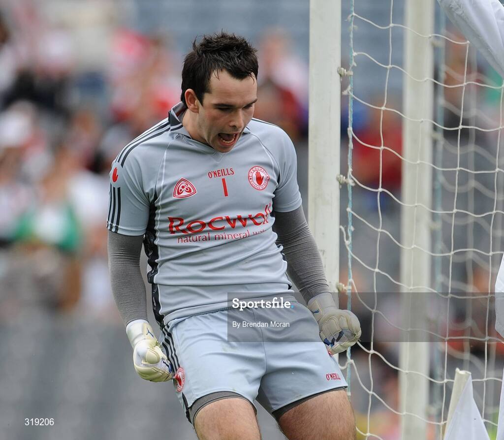 31 August 2008; Tyrone goalkeeper Tim Harney celebrates after saving a penalty. ESB GAA Football All-Ireland Minor Championship Semi-Final, Meath v Tyrone, Croke Park, Dublin. Picture credit: Brendan Moran / SPORTSFILE