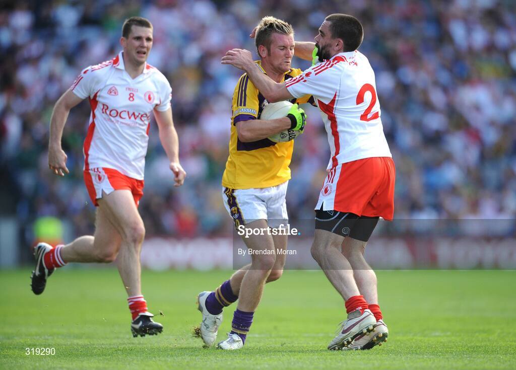 31 August 2008; PJ Banville, Wexford, in action against Ryan McMenamin, Tyrone. GAA Football All-Ireland Senior Championship Semi-Final, Tyrone v Wexford, Croke Park, Dublin. Picture credit: Brendan Moran / SPORTSFILE